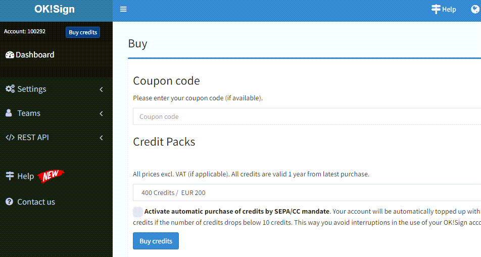 Buy credits in your OK!Sign account
