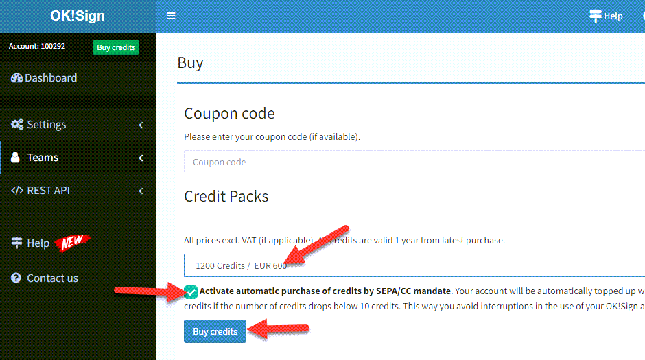 Buy credits in your OK!Sign account