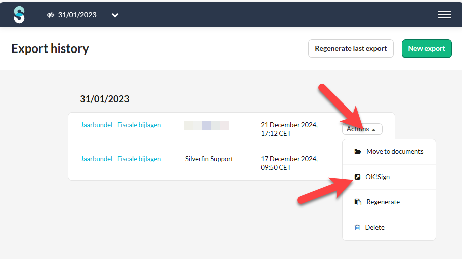 Forward documents from Silverfin Exports to OKSign