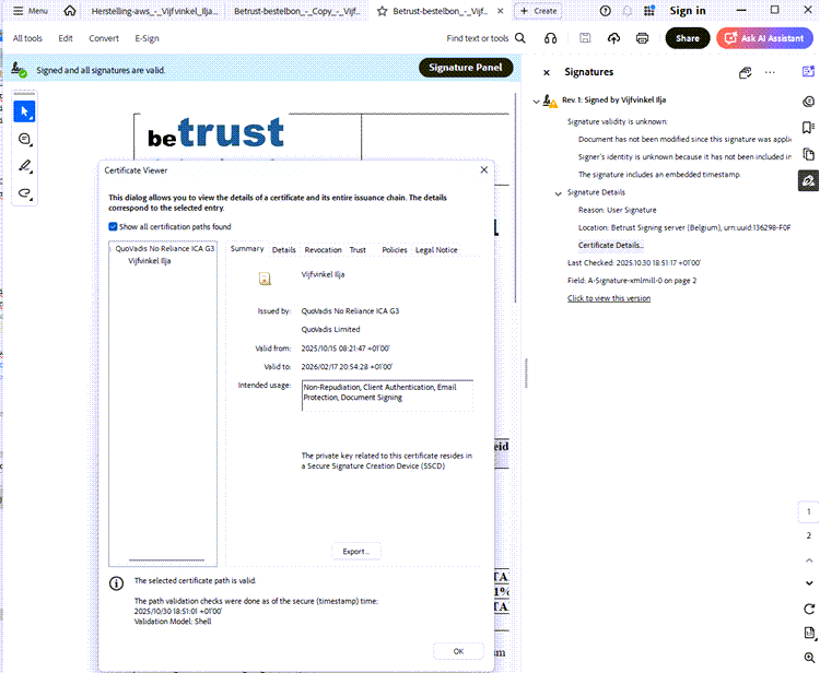 Données du certificat Itsme eSign dans Acrobat Reader