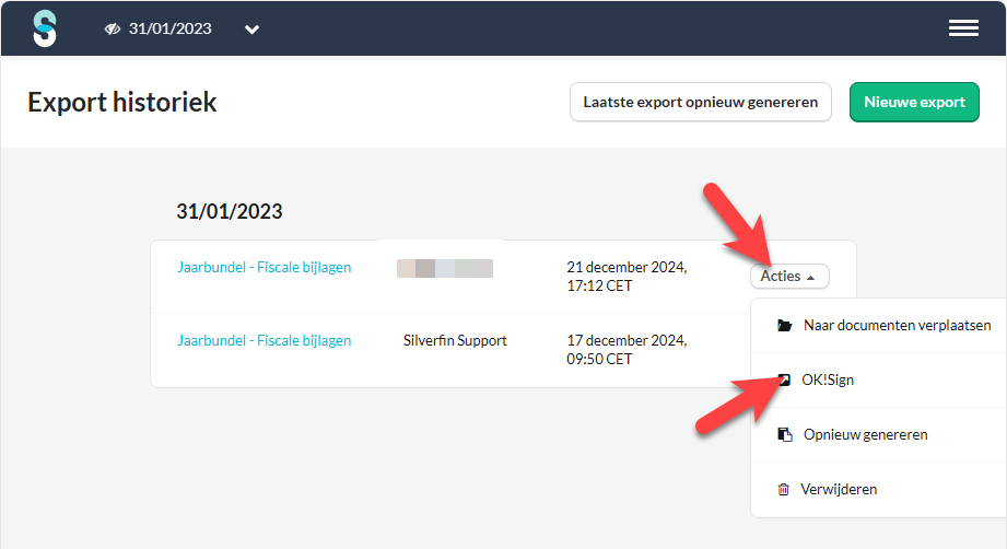 Documenten vanuit Silverfin Exports doorsturen naar OKSign