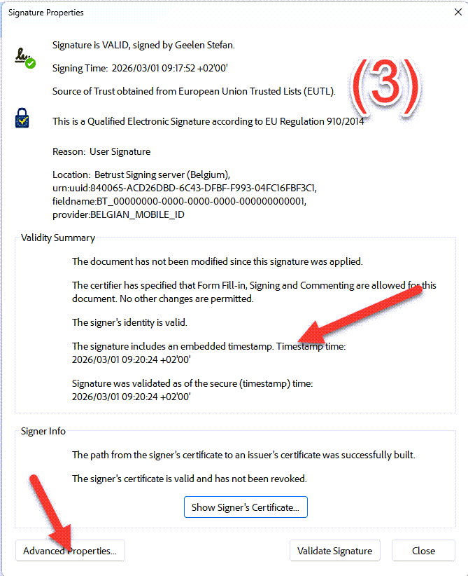 Validity Summary toont embedded timestamp in Acrobat Reader | OKSign